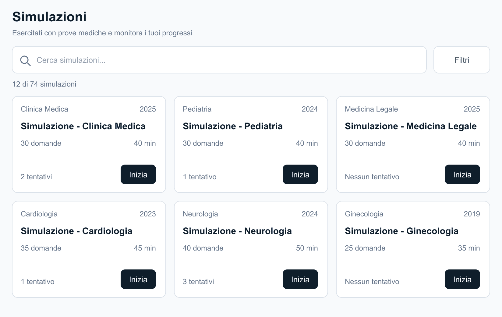 Catalogo dei simulati con prove di diverse specialità mediche