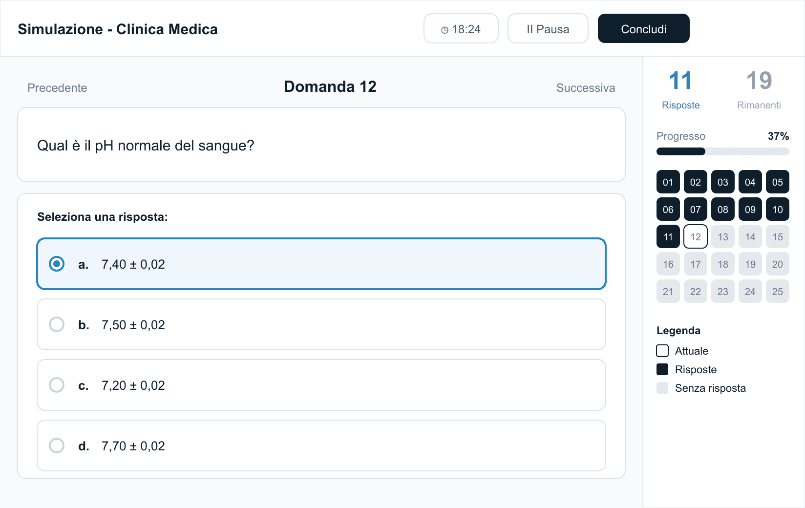 Interfaccia di una prova simulata con domanda, risposte e avanzamento